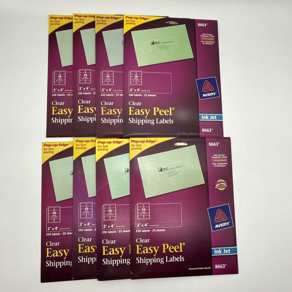 Lot of 8 Avery 8663 Clear Easy Peel Shipping Labels 2x4 Inkjet New Sealed